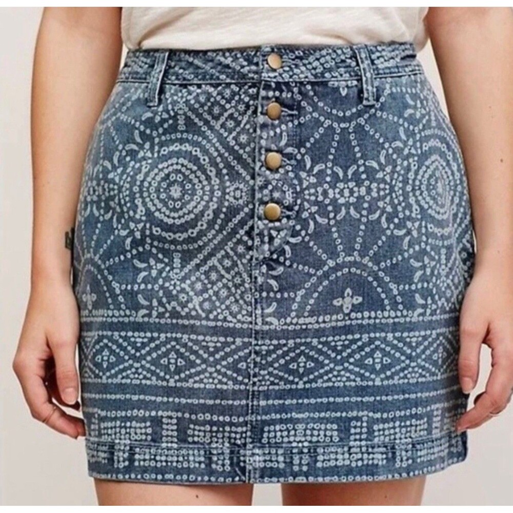 Free People School Daze Tribal Print Boho Mini Skirt Button Close Denim Size 2
